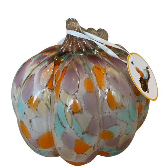 Multicolored Hand Blown Art Glass Pumpkin Stained Glass Designer Fall Home Decor - Picture 12 of 16